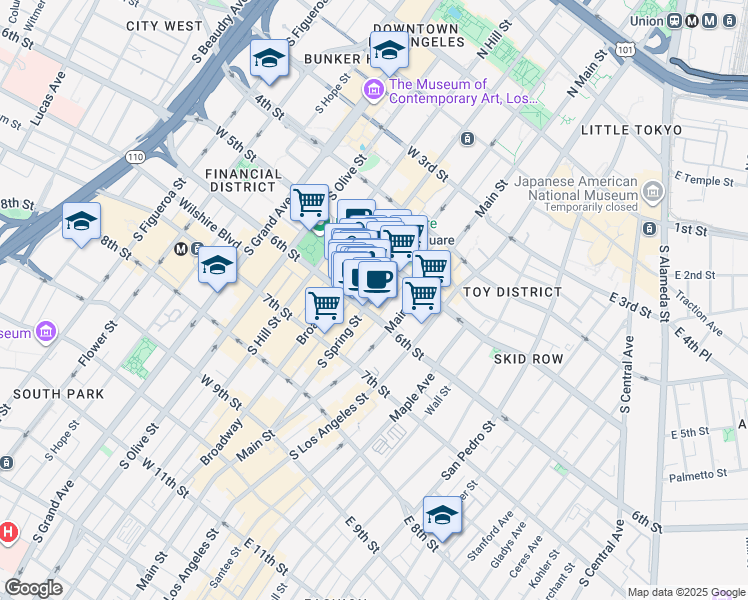 map of restaurants, bars, coffee shops, grocery stores, and more near 548 South Spring Street in Los Angeles