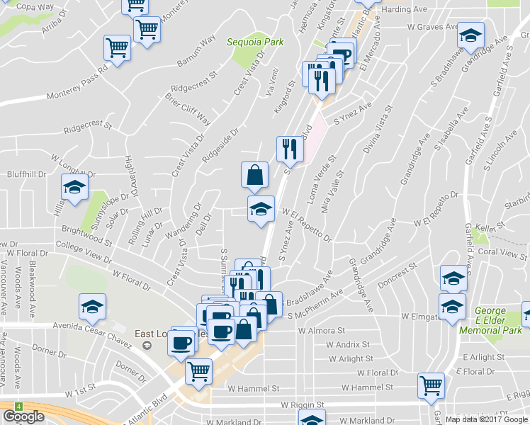 map of restaurants, bars, coffee shops, grocery stores, and more near 800 West El Repetto Drive in Monterey Park