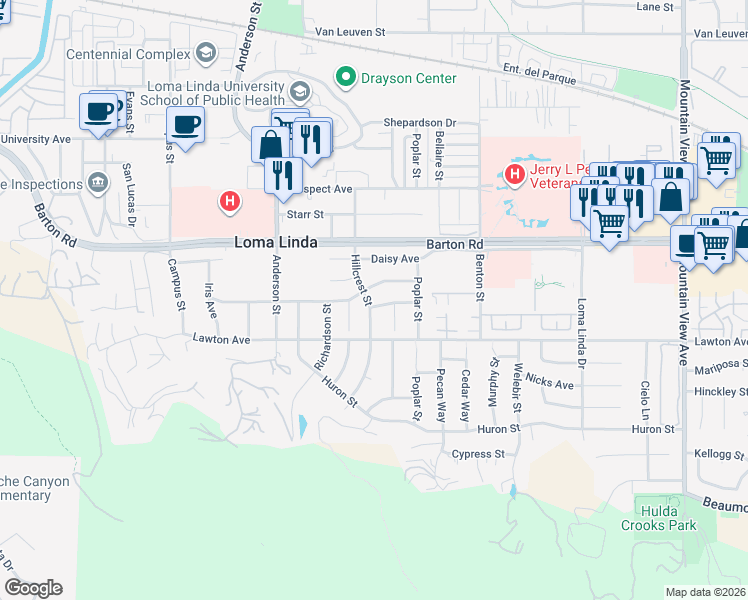 map of restaurants, bars, coffee shops, grocery stores, and more near 11441 Hillcrest Street in Loma Linda