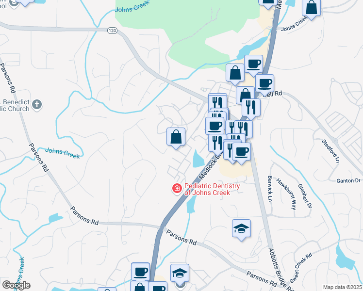 map of restaurants, bars, coffee shops, grocery stores, and more near 10740 Brunson Drive in Duluth