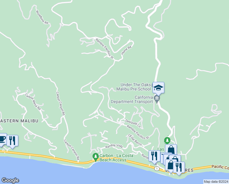 map of restaurants, bars, coffee shops, grocery stores, and more near 3096 Sumac Ridge Road in Malibu