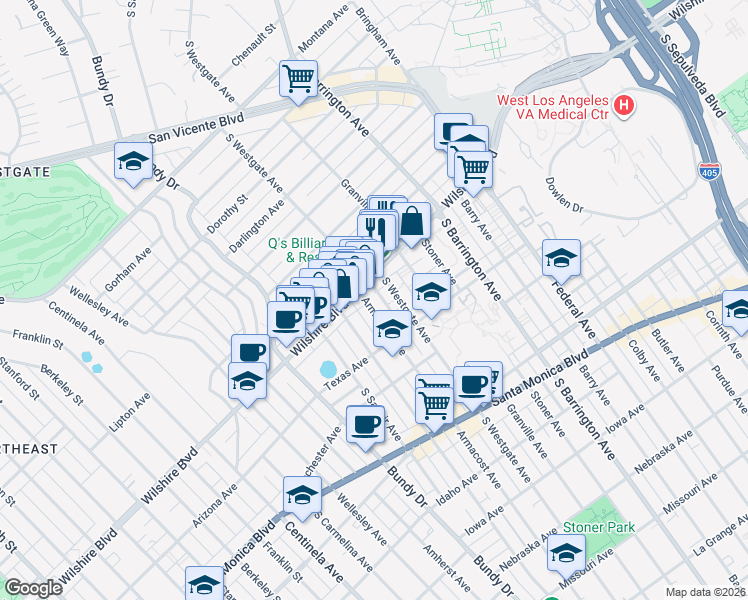 map of restaurants, bars, coffee shops, grocery stores, and more near 11925 Wilshire Boulevard in Los Angeles