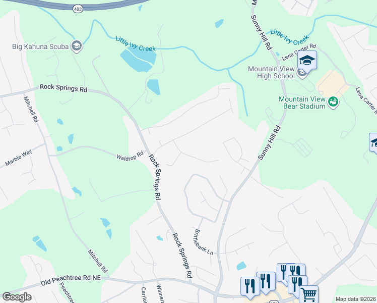 map of restaurants, bars, coffee shops, grocery stores, and more near 2337 Rocksram Court in Buford
