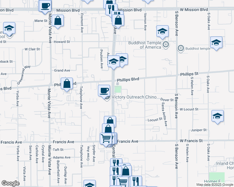 map of restaurants, bars, coffee shops, grocery stores, and more near 11385 Central Avenue in Chino