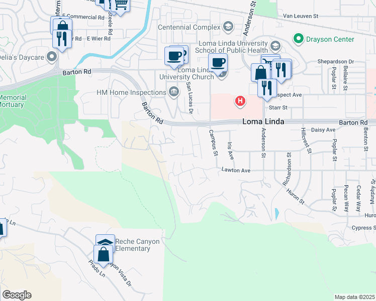 map of restaurants, bars, coffee shops, grocery stores, and more near 11372 San Juan Drive in Loma Linda