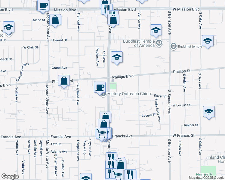 map of restaurants, bars, coffee shops, grocery stores, and more near 11385 Central Avenue in Chino