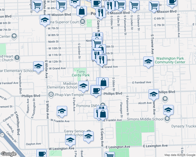 map of restaurants, bars, coffee shops, grocery stores, and more near 1325 South Garey Avenue in Pomona