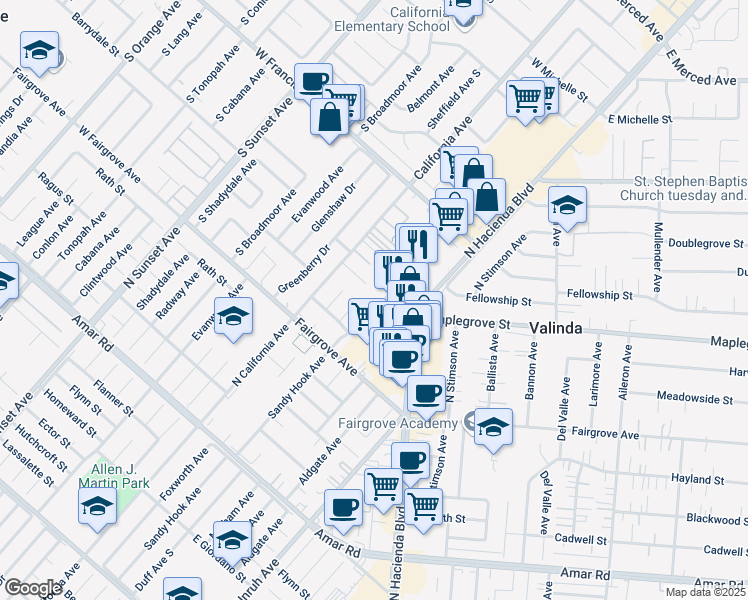 map of restaurants, bars, coffee shops, grocery stores, and more near 15239 Barrydale Street in La Puente
