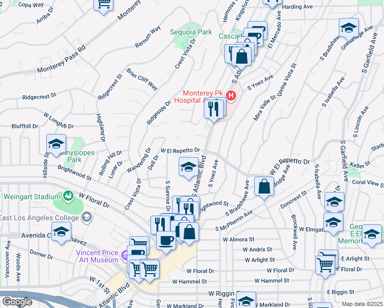 map of restaurants, bars, coffee shops, grocery stores, and more near in Monterey Park