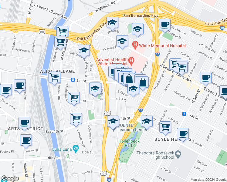 map of restaurants, bars, coffee shops, grocery stores, and more near 1800 East 1st Street in Los Angeles
