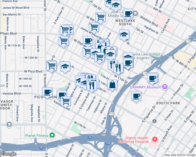 map of restaurants, bars, coffee shops, grocery stores, and more near 1541 West 11th Place in Los Angeles
