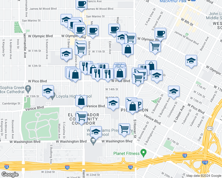 map of restaurants, bars, coffee shops, grocery stores, and more near 2308 West Pico Boulevard in Los Angeles