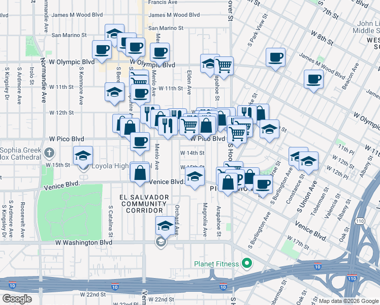 map of restaurants, bars, coffee shops, grocery stores, and more near 2308 West Pico Boulevard in Los Angeles