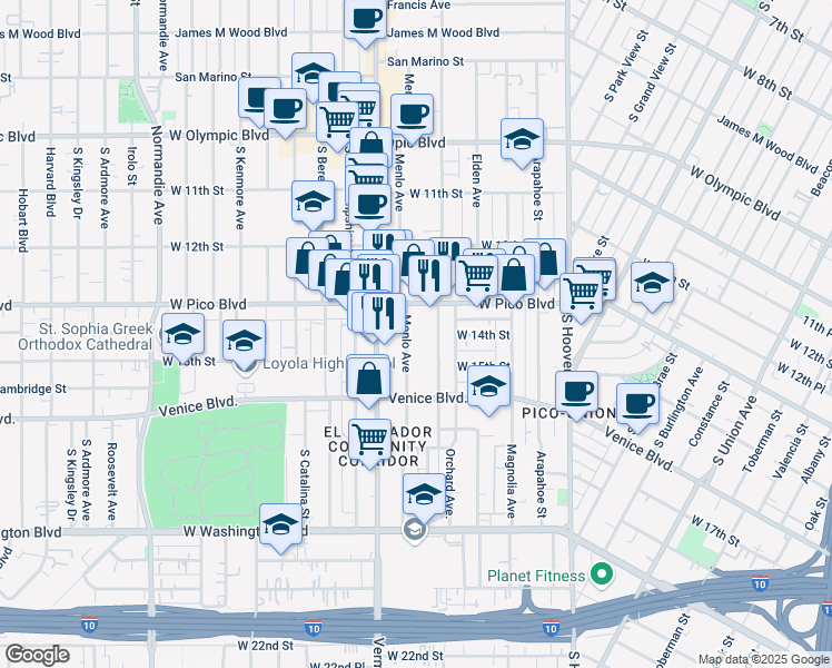 map of restaurants, bars, coffee shops, grocery stores, and more near 2428 West Pico Boulevard in Los Angeles