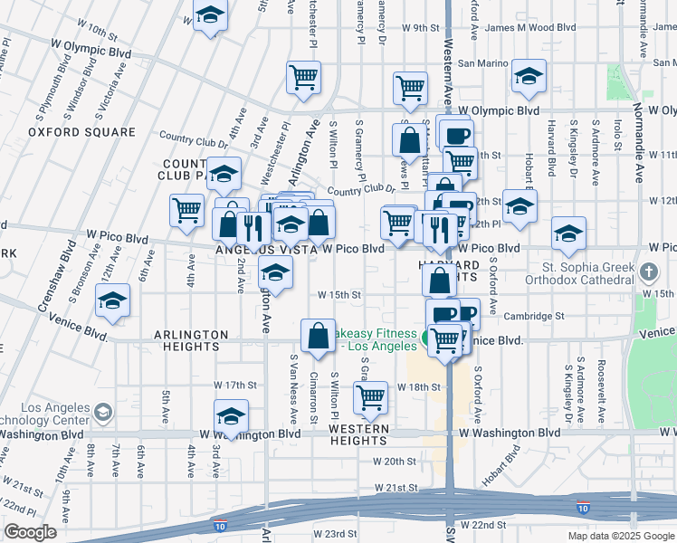 map of restaurants, bars, coffee shops, grocery stores, and more near 3260 West Pico Boulevard in Los Angeles