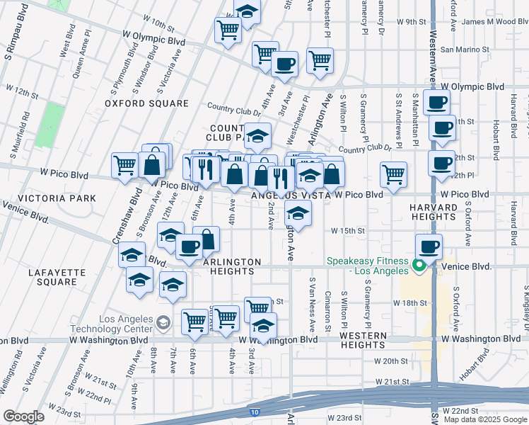 map of restaurants, bars, coffee shops, grocery stores, and more near 3528 West Pico Boulevard in Los Angeles