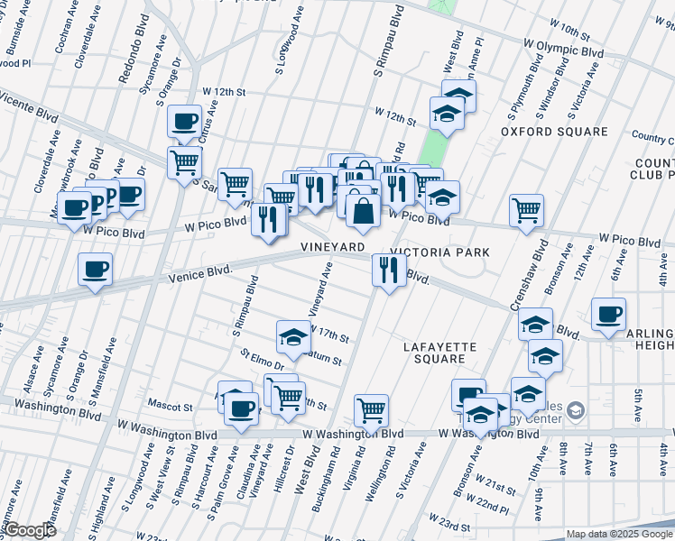 map of restaurants, bars, coffee shops, grocery stores, and more near 4553 West 16th Place in Los Angeles