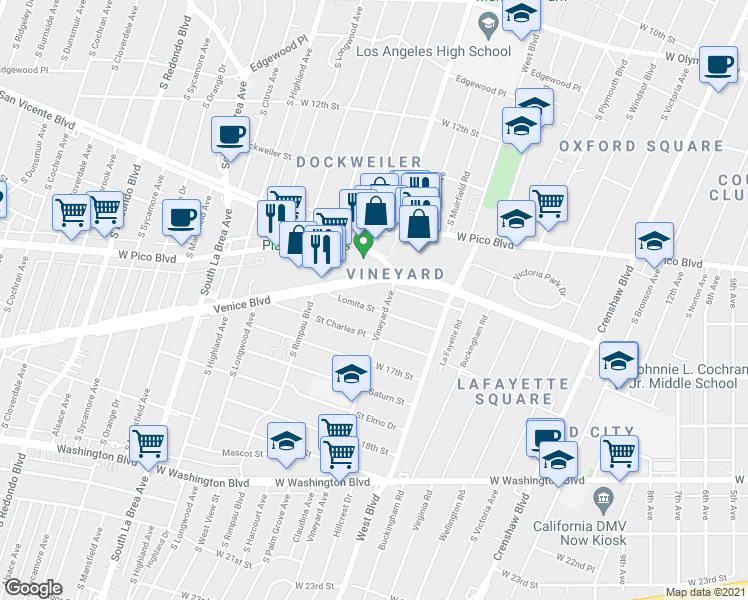 map of restaurants, bars, coffee shops, grocery stores, and more near 4614 Venice Boulevard in Los Angeles
