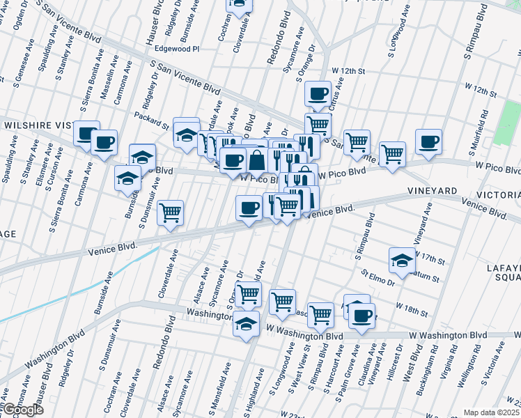 map of restaurants, bars, coffee shops, grocery stores, and more near 1426 South Orange Drive in Los Angeles