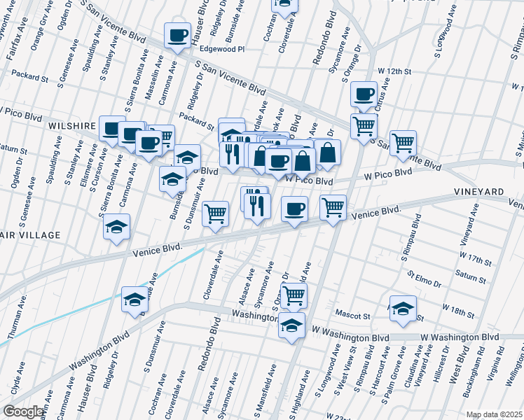 map of restaurants, bars, coffee shops, grocery stores, and more near 1435 South Redondo Boulevard in Los Angeles