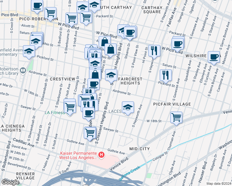 map of restaurants, bars, coffee shops, grocery stores, and more near 1638 Stearns Drive in Los Angeles