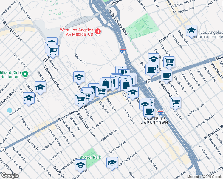 map of restaurants, bars, coffee shops, grocery stores, and more near 1527 Corinth Avenue in Los Angeles