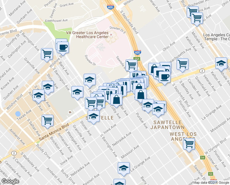 map of restaurants, bars, coffee shops, grocery stores, and more near 1505 Purdue Avenue in Los Angeles