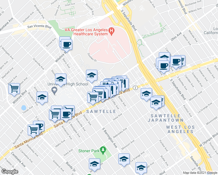 map of restaurants, bars, coffee shops, grocery stores, and more near 1449 Butler Avenue in Los Angeles