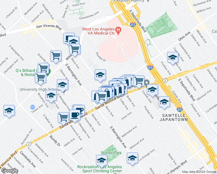 map of restaurants, bars, coffee shops, grocery stores, and more near 1415 Colby Avenue in Los Angeles