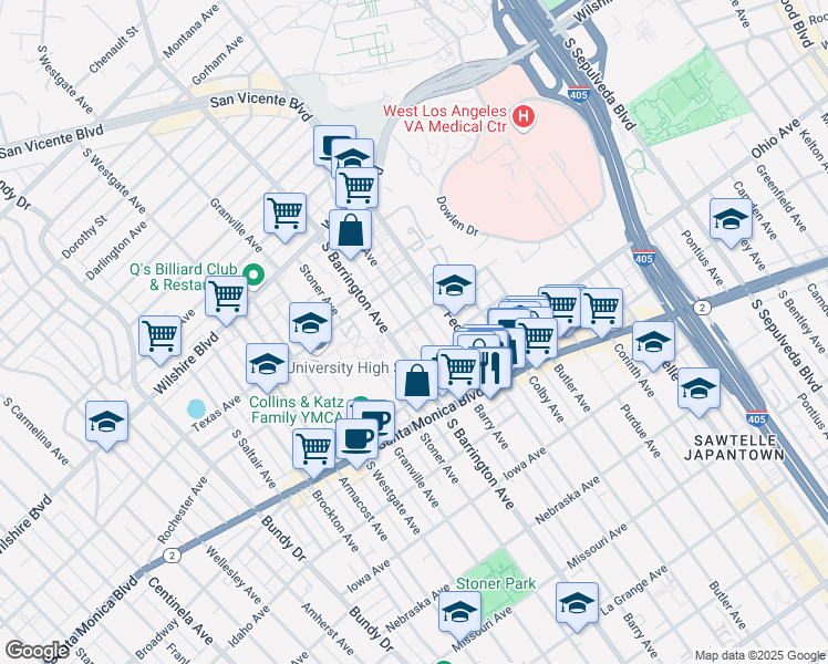 map of restaurants, bars, coffee shops, grocery stores, and more near 11600 Rochester Avenue in Los Angeles