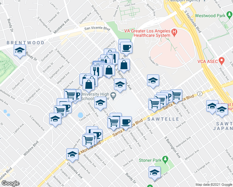 map of restaurants, bars, coffee shops, grocery stores, and more near 1252 Granville Avenue in Los Angeles