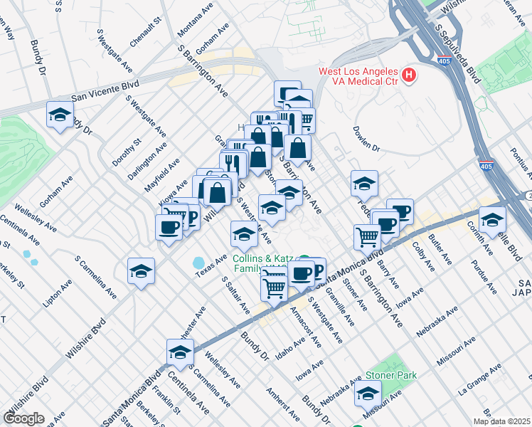 map of restaurants, bars, coffee shops, grocery stores, and more near 1252 Granville Avenue in Los Angeles