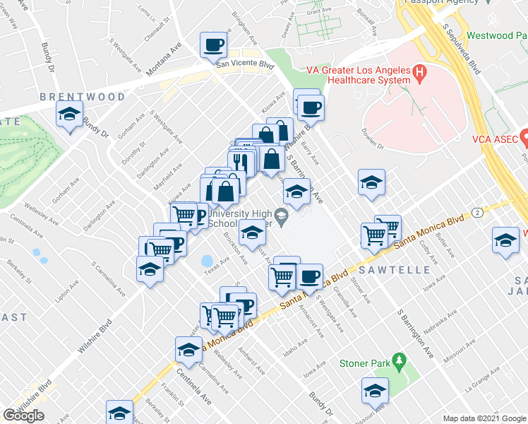 map of restaurants, bars, coffee shops, grocery stores, and more near 1222 South Westgate Avenue in Los Angeles