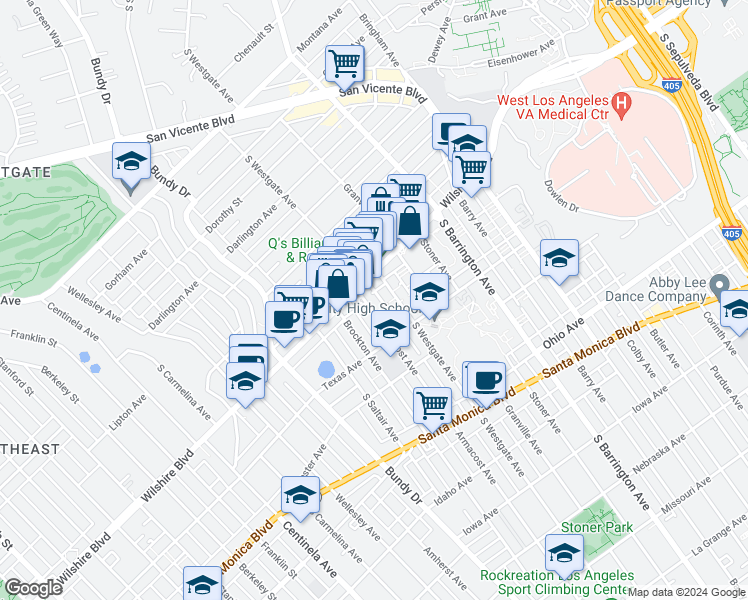 map of restaurants, bars, coffee shops, grocery stores, and more near 11925 Wilshire Boulevard in Los Angeles