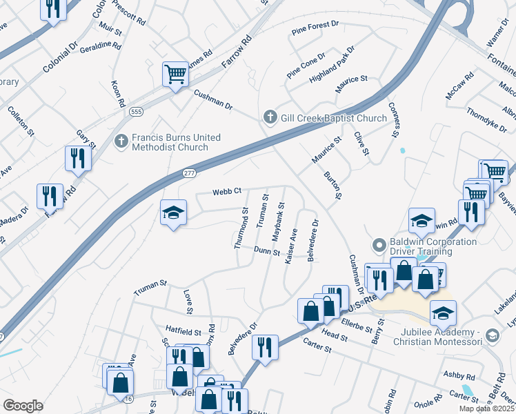 map of restaurants, bars, coffee shops, grocery stores, and more near 3730 Thurmond Street in Columbia