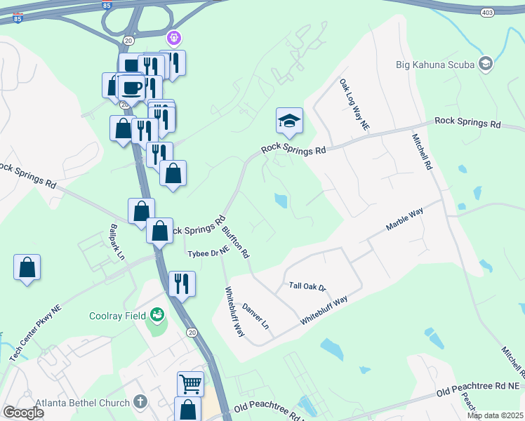 map of restaurants, bars, coffee shops, grocery stores, and more near 2663 Winslow Ridge Drive Northeast in Buford