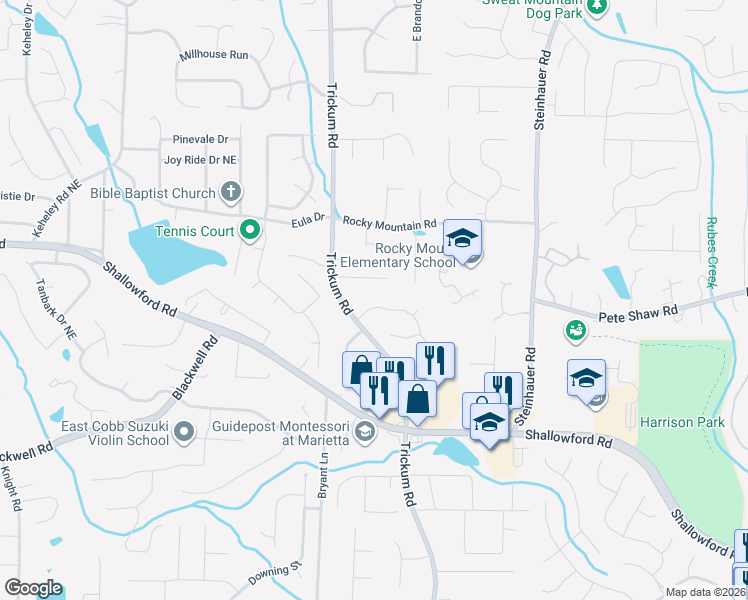 map of restaurants, bars, coffee shops, grocery stores, and more near 2273 Wickingham Drive Northeast in Marietta