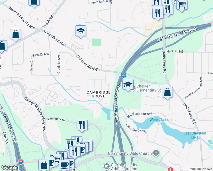 map of restaurants, bars, coffee shops, grocery stores, and more near 3691 Southwick Drive Northwest in Kennesaw