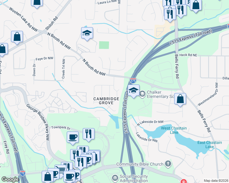 map of restaurants, bars, coffee shops, grocery stores, and more near 3691 Southwick Dr NW in Kennesaw