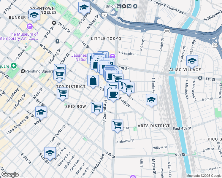 map of restaurants, bars, coffee shops, grocery stores, and more near 222 South Central Avenue in Los Angeles