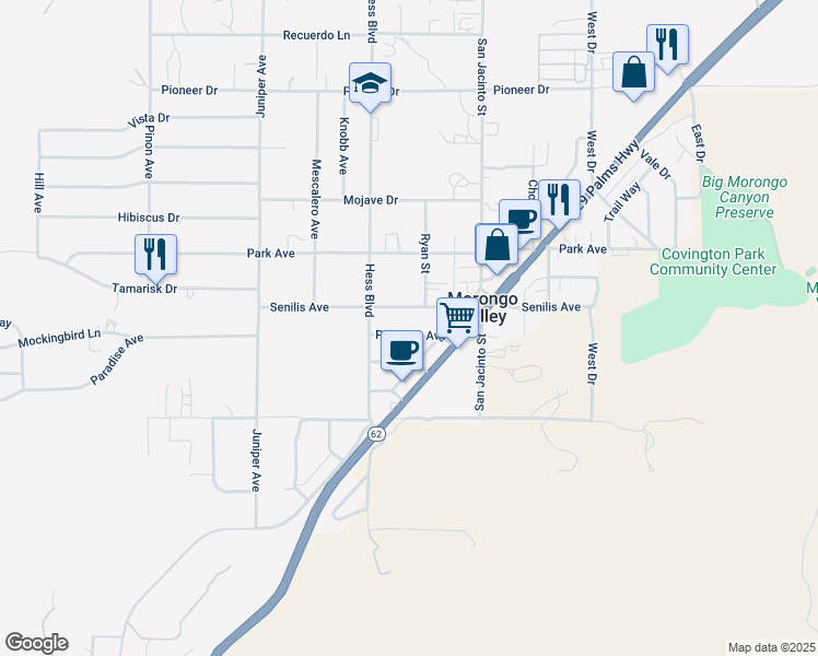 map of restaurants, bars, coffee shops, grocery stores, and more near 49574 Paradise Avenue in Morongo Valley