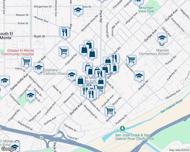 map of restaurants, bars, coffee shops, grocery stores, and more near 1949 Frank Stiles Street in South El Monte