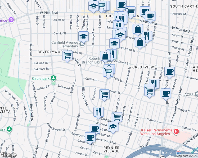 map of restaurants, bars, coffee shops, grocery stores, and more near 9038 Monte Mar Drive in Los Angeles