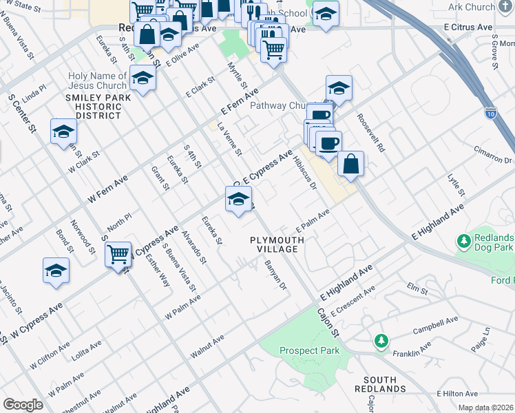 map of restaurants, bars, coffee shops, grocery stores, and more near 645 Cajon Street in Redlands
