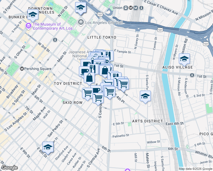 map of restaurants, bars, coffee shops, grocery stores, and more near in Los Angeles