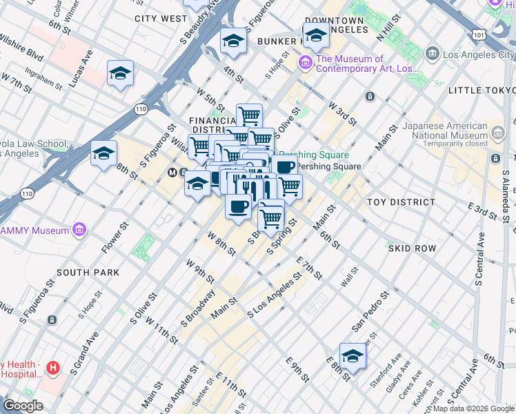 map of restaurants, bars, coffee shops, grocery stores, and more near 640 South Hill Street in Los Angeles
