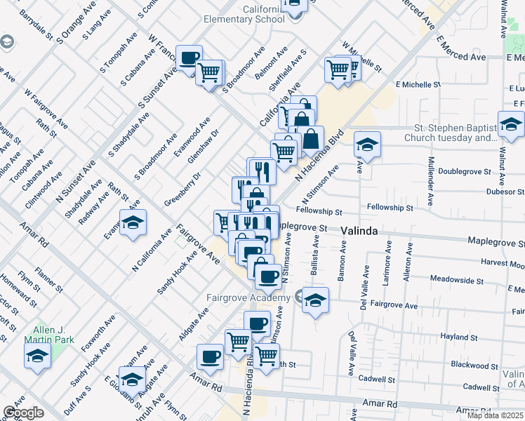 map of restaurants, bars, coffee shops, grocery stores, and more near 1425 North Hacienda Boulevard in La Puente