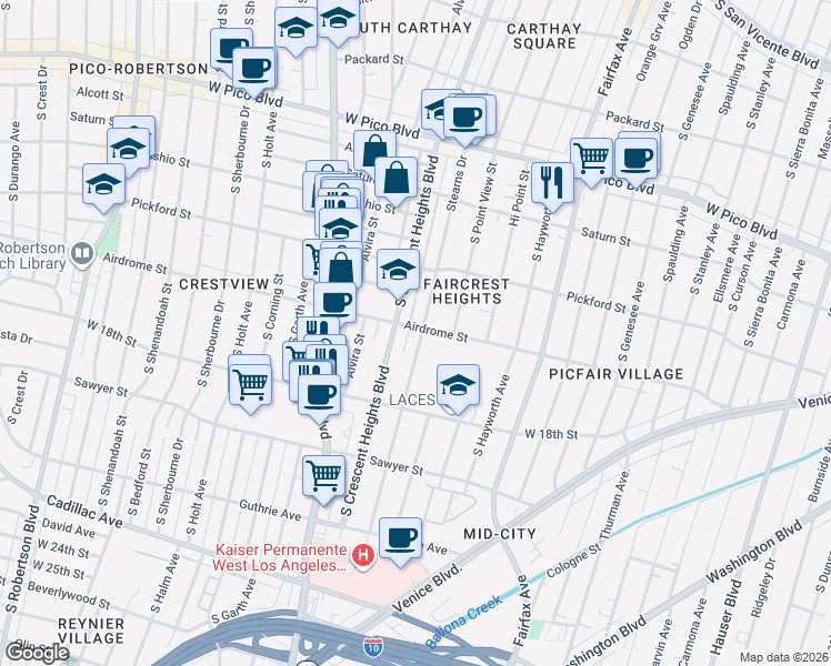 map of restaurants, bars, coffee shops, grocery stores, and more near 1705 Stearns Drive in Los Angeles