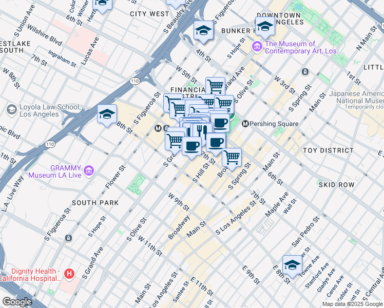 map of restaurants, bars, coffee shops, grocery stores, and more near 711 South Olive Street in Los Angeles