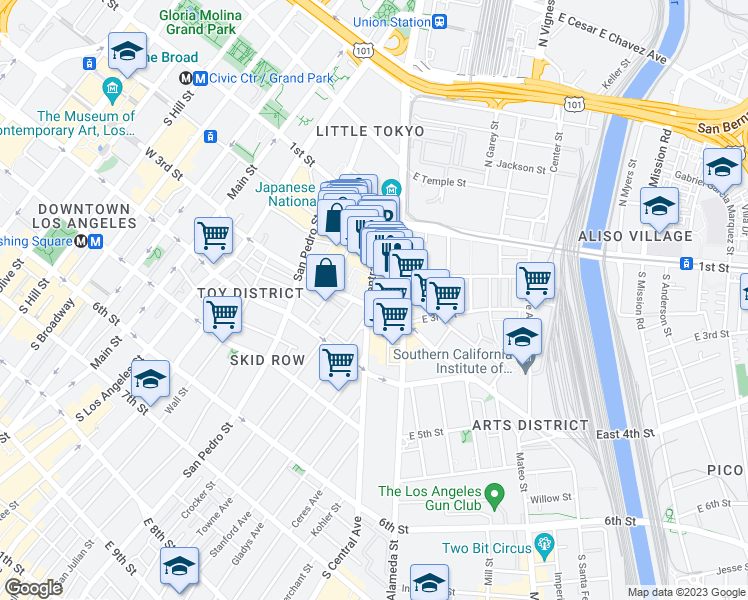 map of restaurants, bars, coffee shops, grocery stores, and more near 408 East 2nd Street in Los Angeles